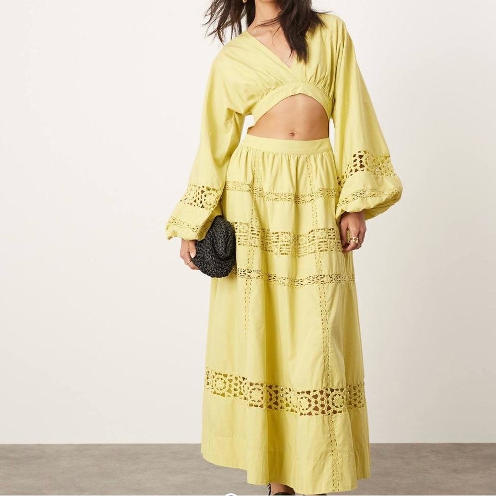 ASOS EDITION Crochet Trim Cut Out Waist Midi Dress with Balloon Sleeves in Green
